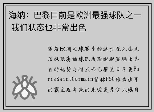 海纳：巴黎目前是欧洲最强球队之一 我们状态也非常出色
