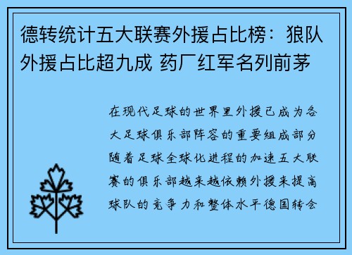 德转统计五大联赛外援占比榜：狼队外援占比超九成 药厂红军名列前茅