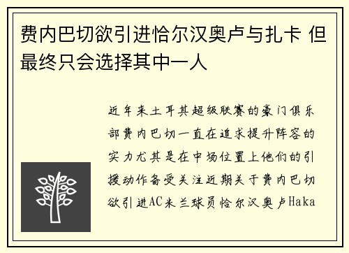 费内巴切欲引进恰尔汉奥卢与扎卡 但最终只会选择其中一人