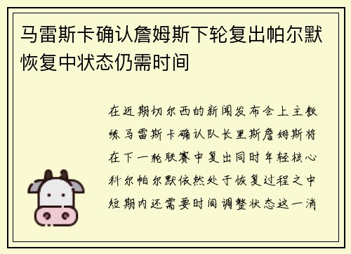 马雷斯卡确认詹姆斯下轮复出帕尔默恢复中状态仍需时间