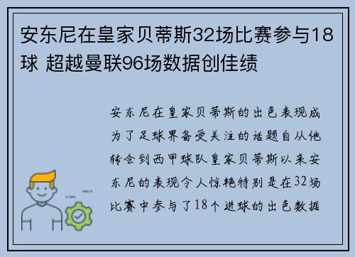 安东尼在皇家贝蒂斯32场比赛参与18球 超越曼联96场数据创佳绩